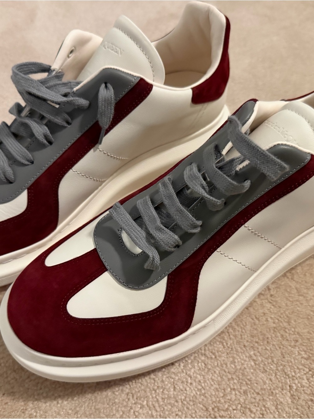 Alexander McQueen White Leather Sneakers with Burgundy Suede & Gray Details - Picture 3 of 7